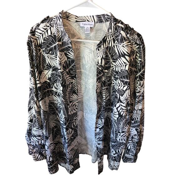 Calvin Klein Button Front Long Sleeve 1x Womens Plus Size Linen Blend Coastal - Picture 1 of 5